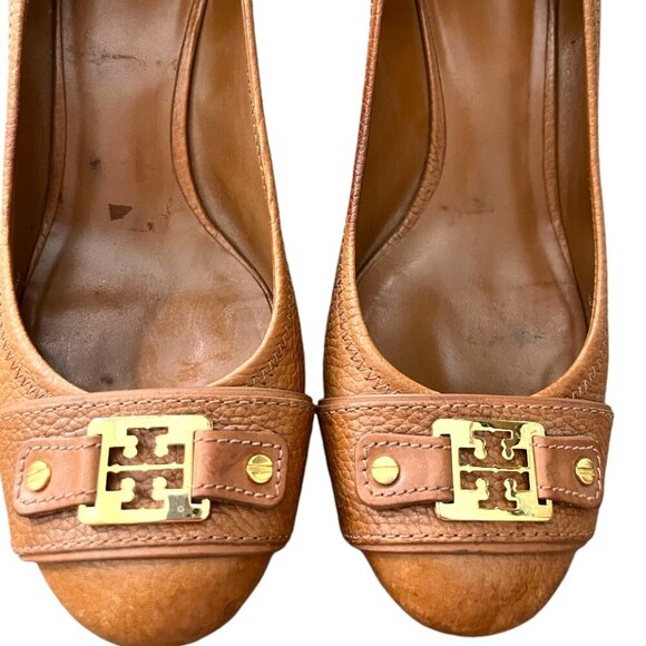 Tory Burch Natalya Pebbled Leather Saddle Brown Pumps Wedges - Picture 6 of 10